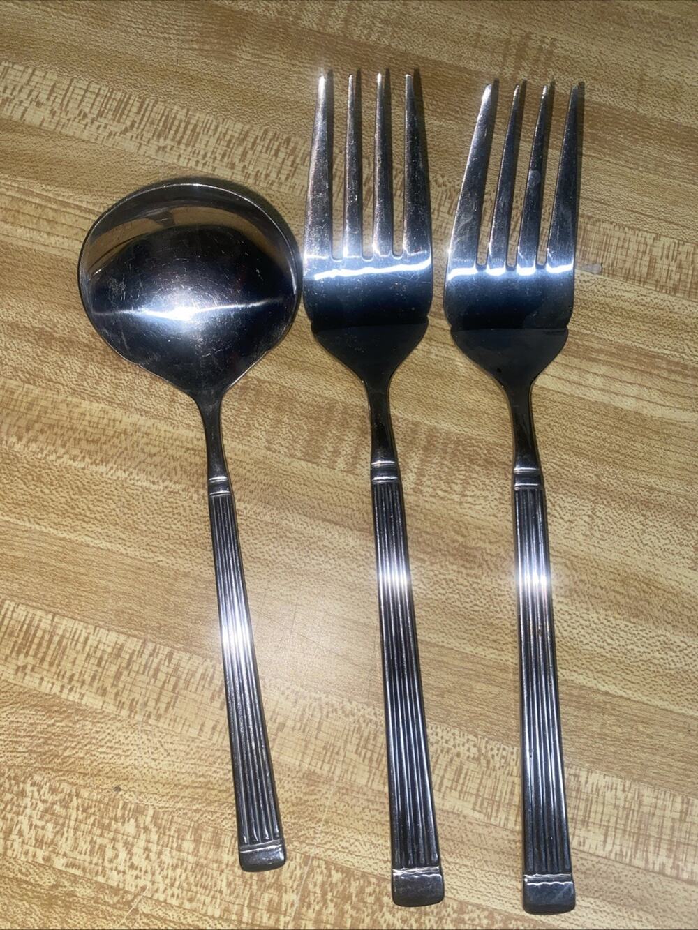 Set Of 3 Estia OLYMPIA Korea Stainless Glossy Ridges Band SERVING Forks & Ladle